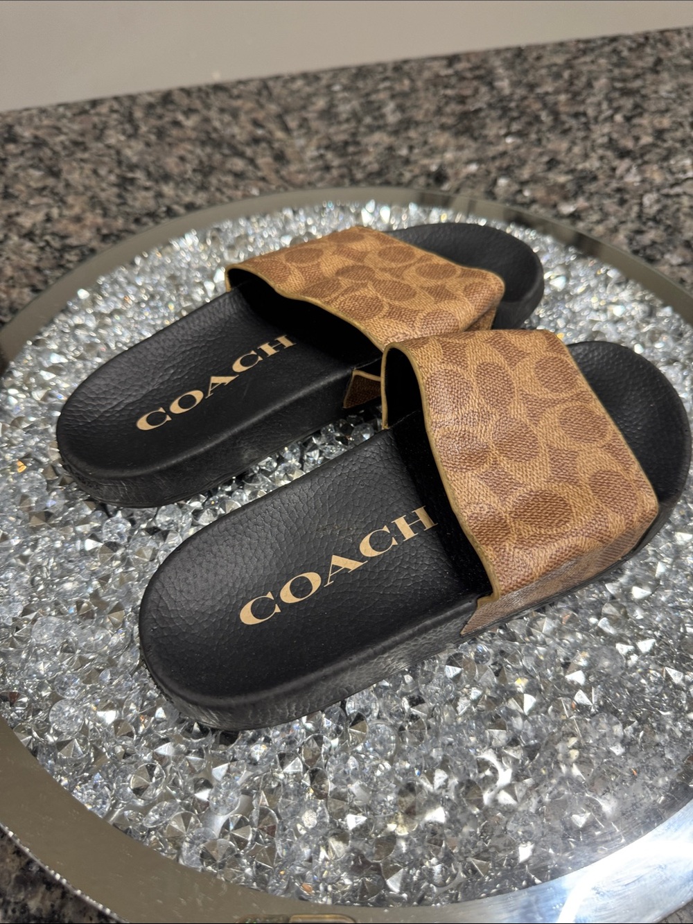Coach Brown Monogram Slide Sandals with Black Footbed EUC 6 - Picture 2 of 11
